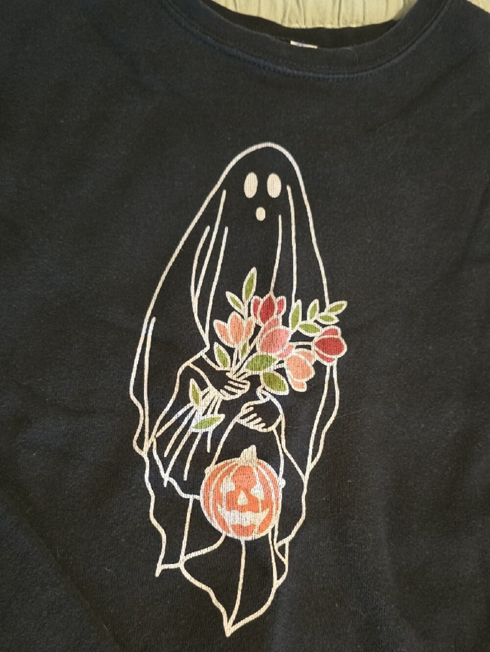Bella Canvas Black Crewneck with Ghost Holding Floral Bouquet and Pumpkin